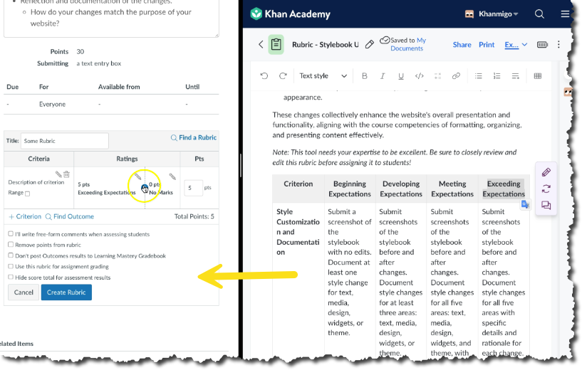 Moving your Khanmigo rubric into Canvas is copying and pasting